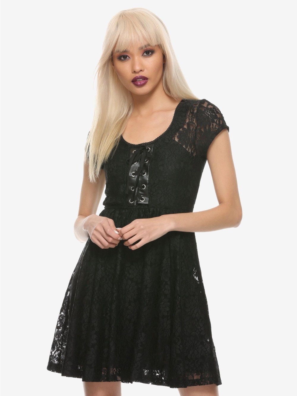 Black Lace Fit-and-Flare Dress with Lace-Up Bodice
